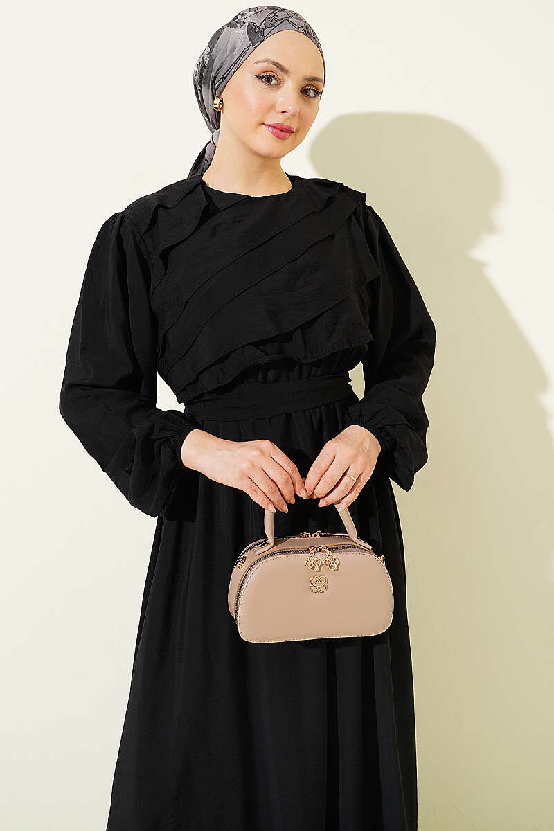 Belted Dress with Front Ruffle - Black