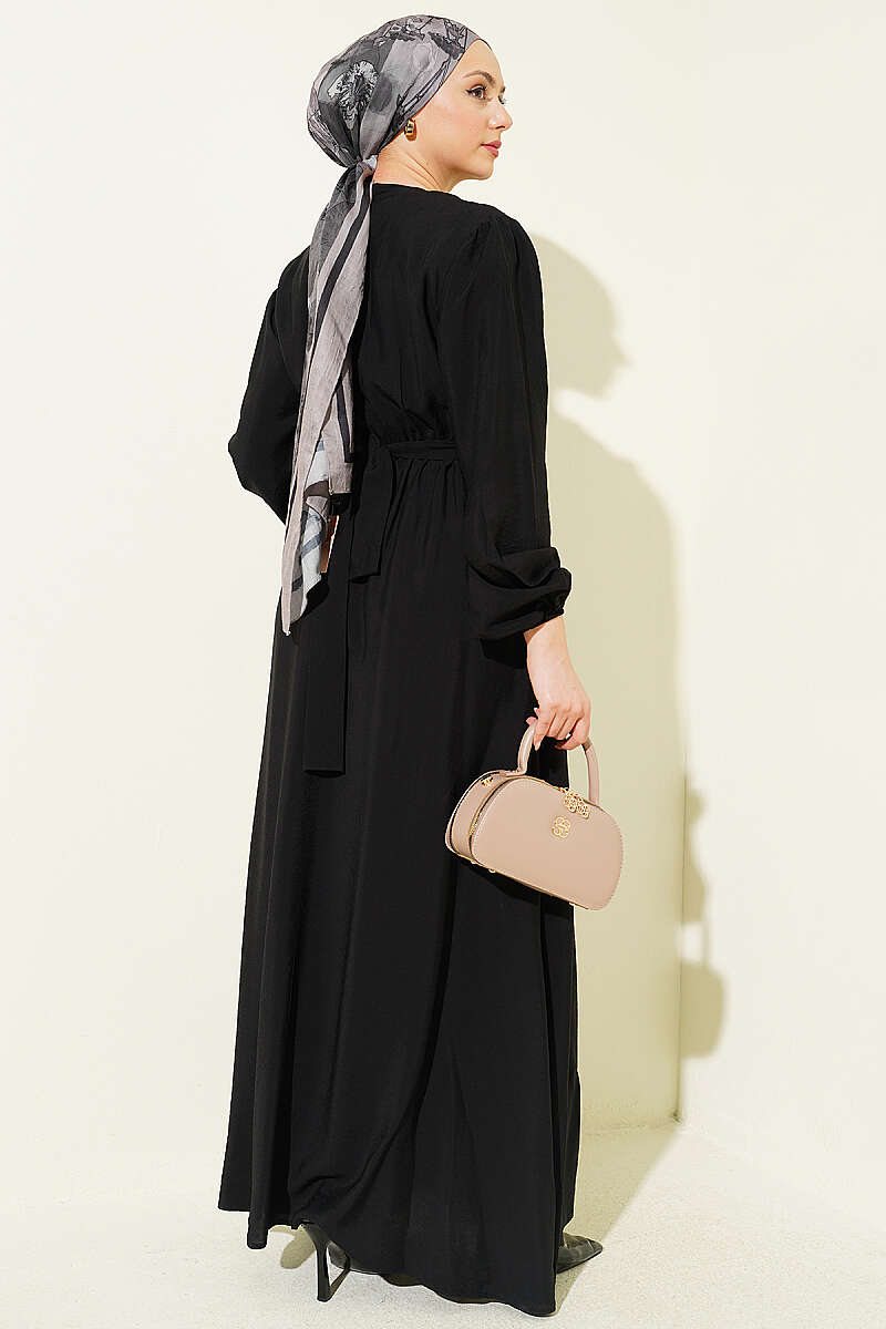 Belted Dress with Front Ruffle - Black