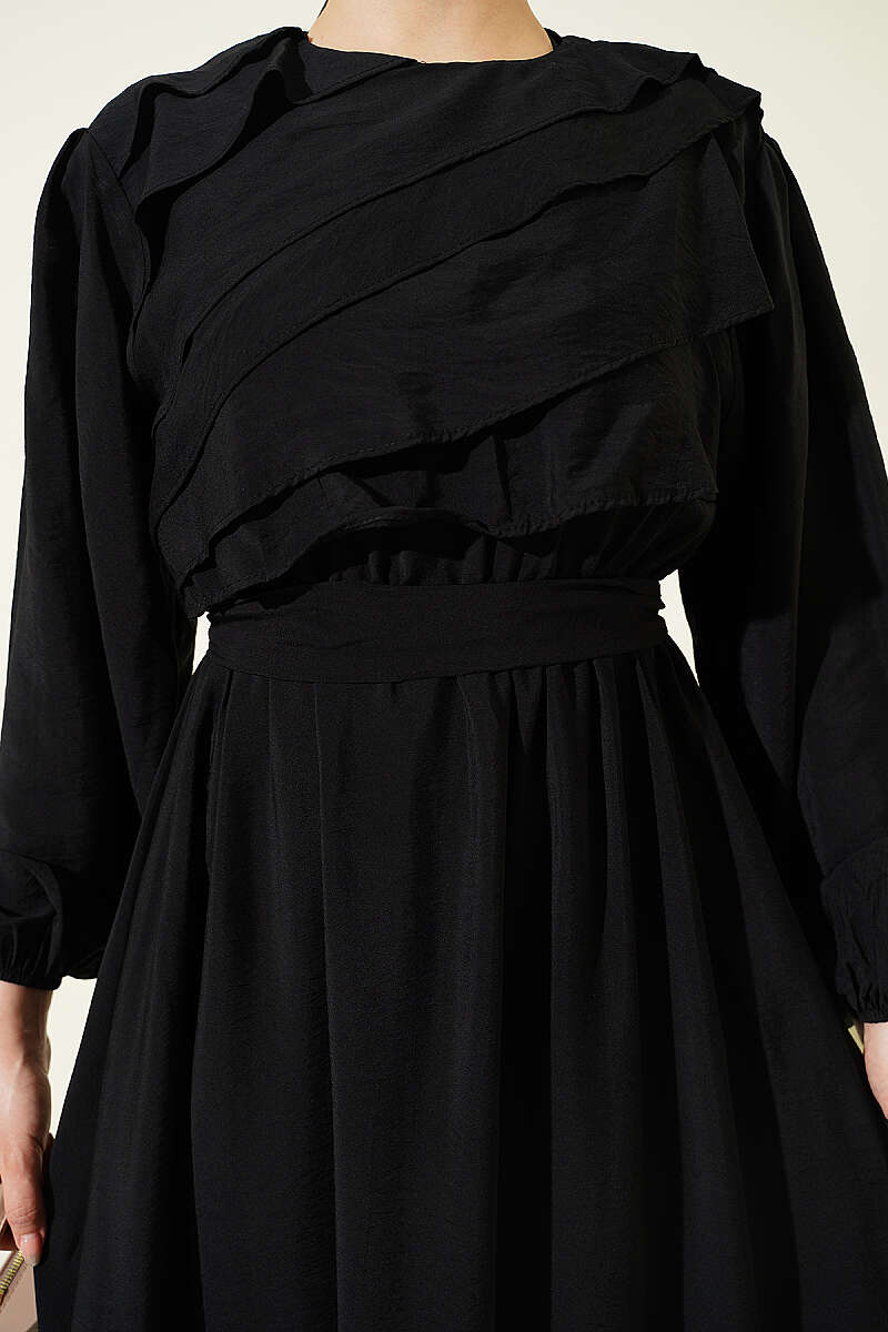 Belted Dress with Front Ruffle - Black