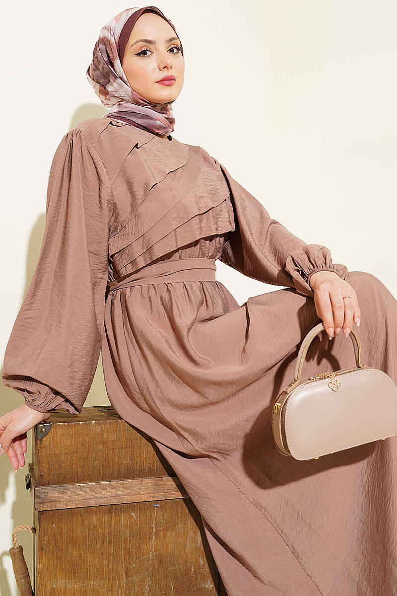 Belted Dress with Front Ruffle - Mink