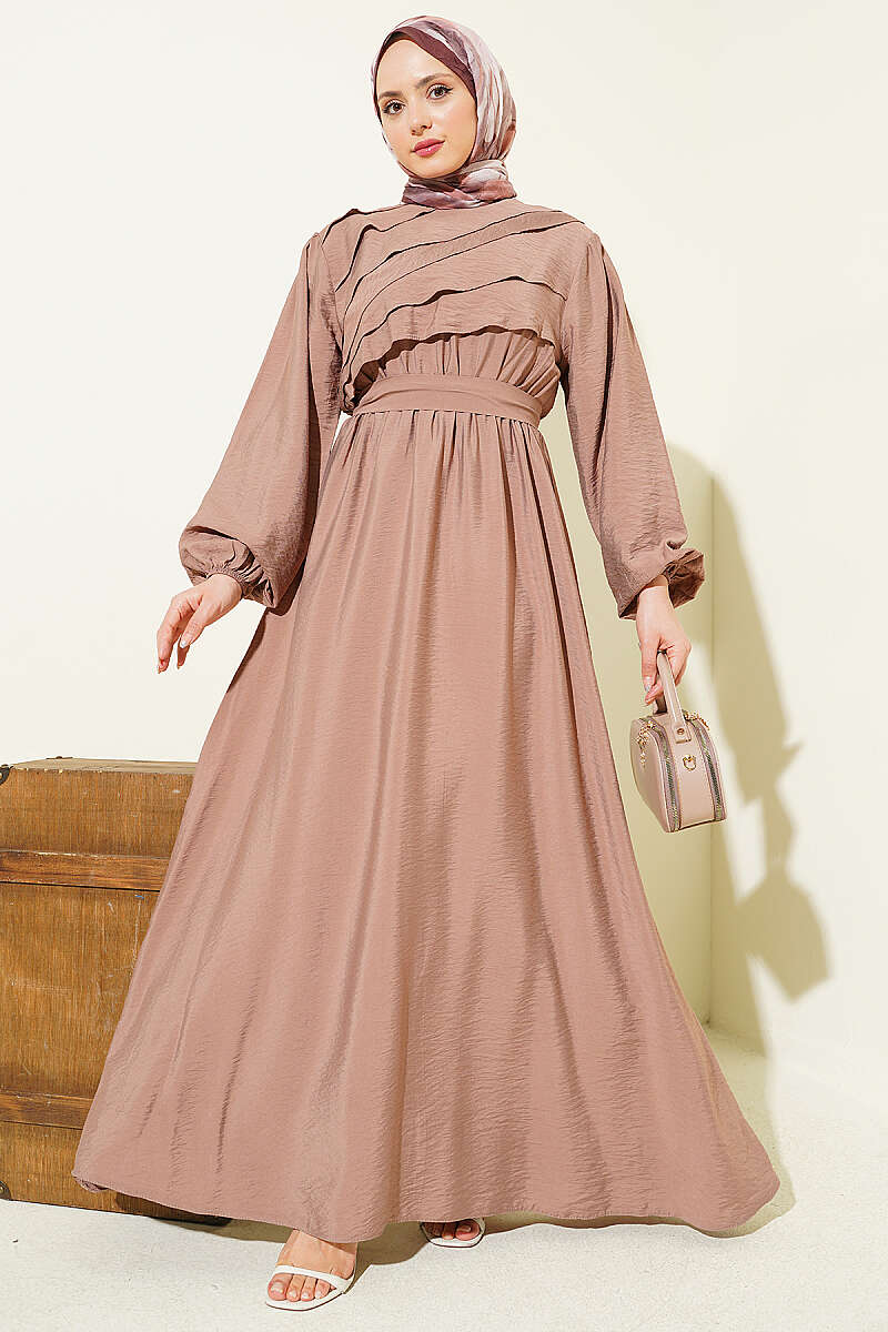 Belted Dress with Front Ruffle - Mink