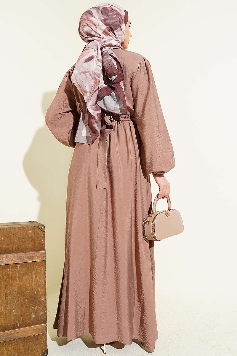 Belted Dress with Front Ruffle - Mink