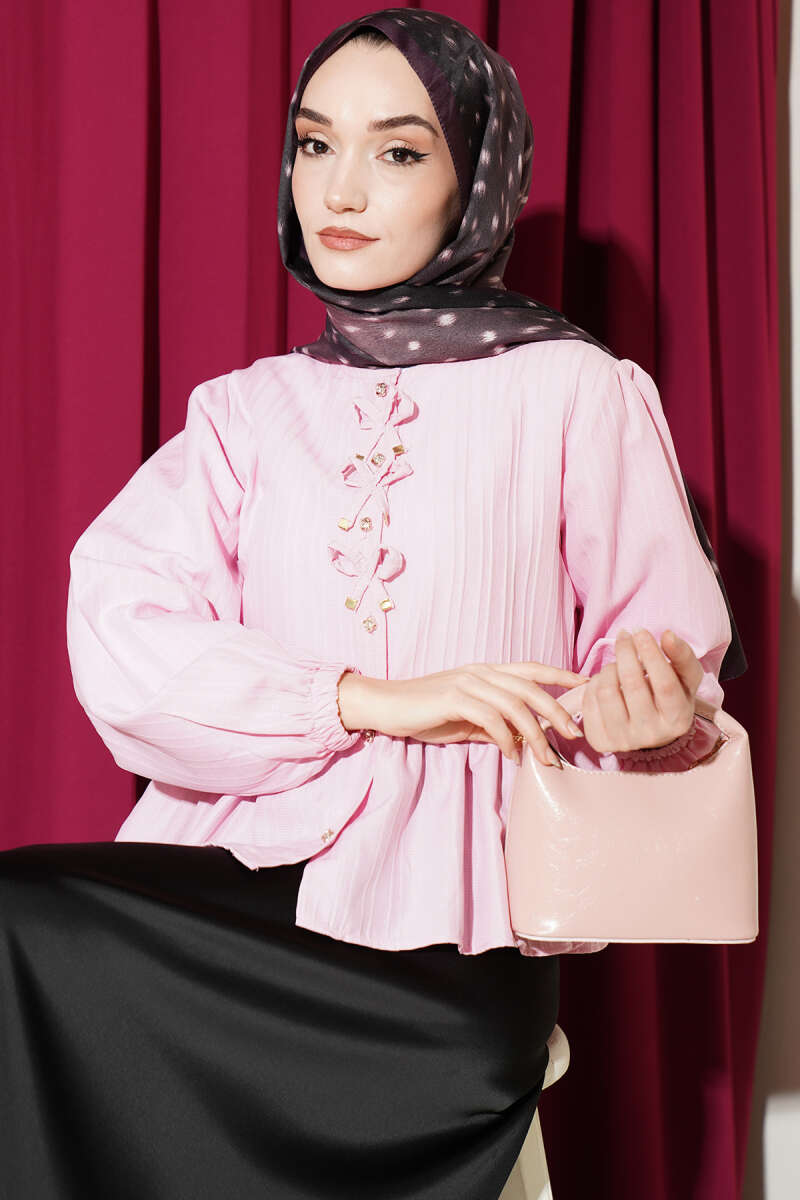 Short Ruffle Shirt with Front Bow - Pink