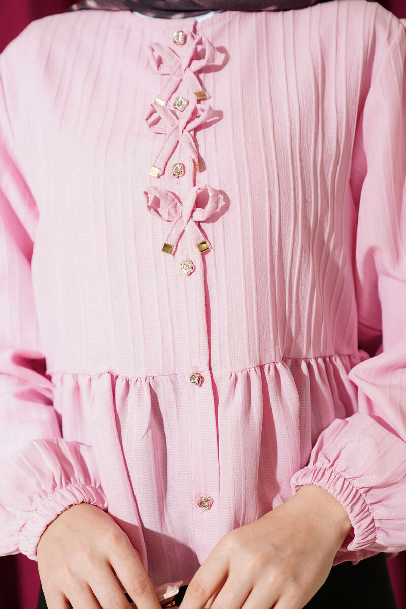 Short Ruffle Shirt with Front Bow - Pink