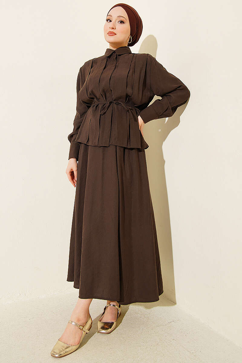 Modal Skirt Set with Wide Front Pleat - Dark Brown