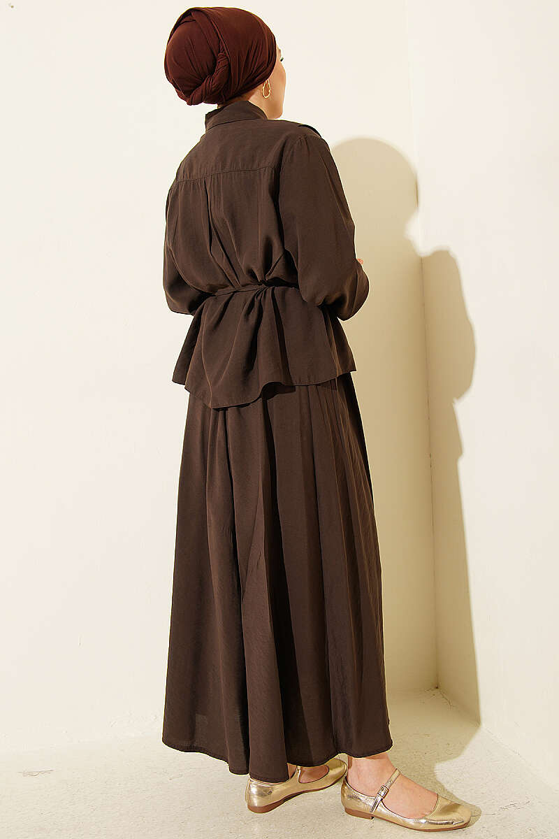 Modal Skirt Set with Wide Front Pleat - Dark Brown