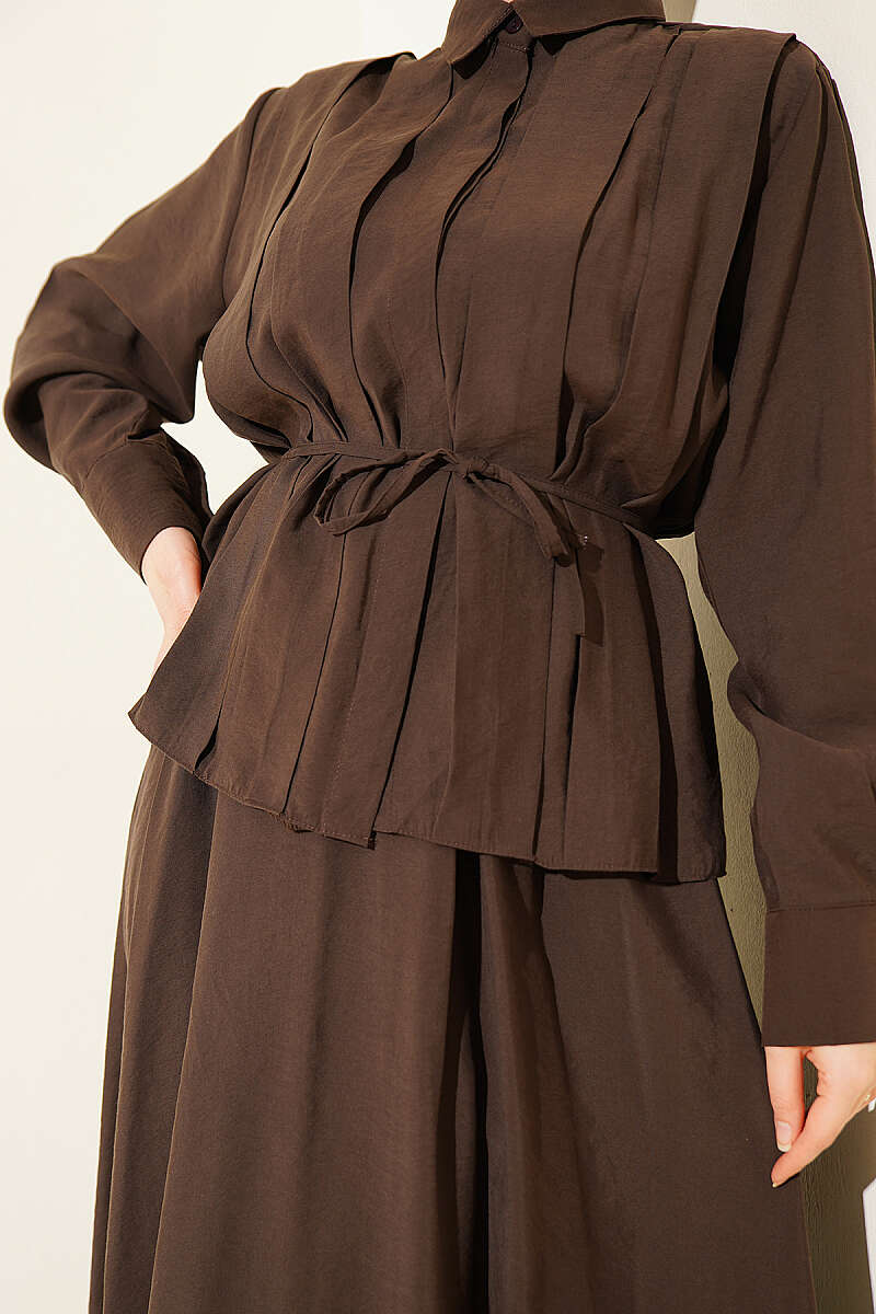 Modal Skirt Set with Wide Front Pleat - Dark Brown
