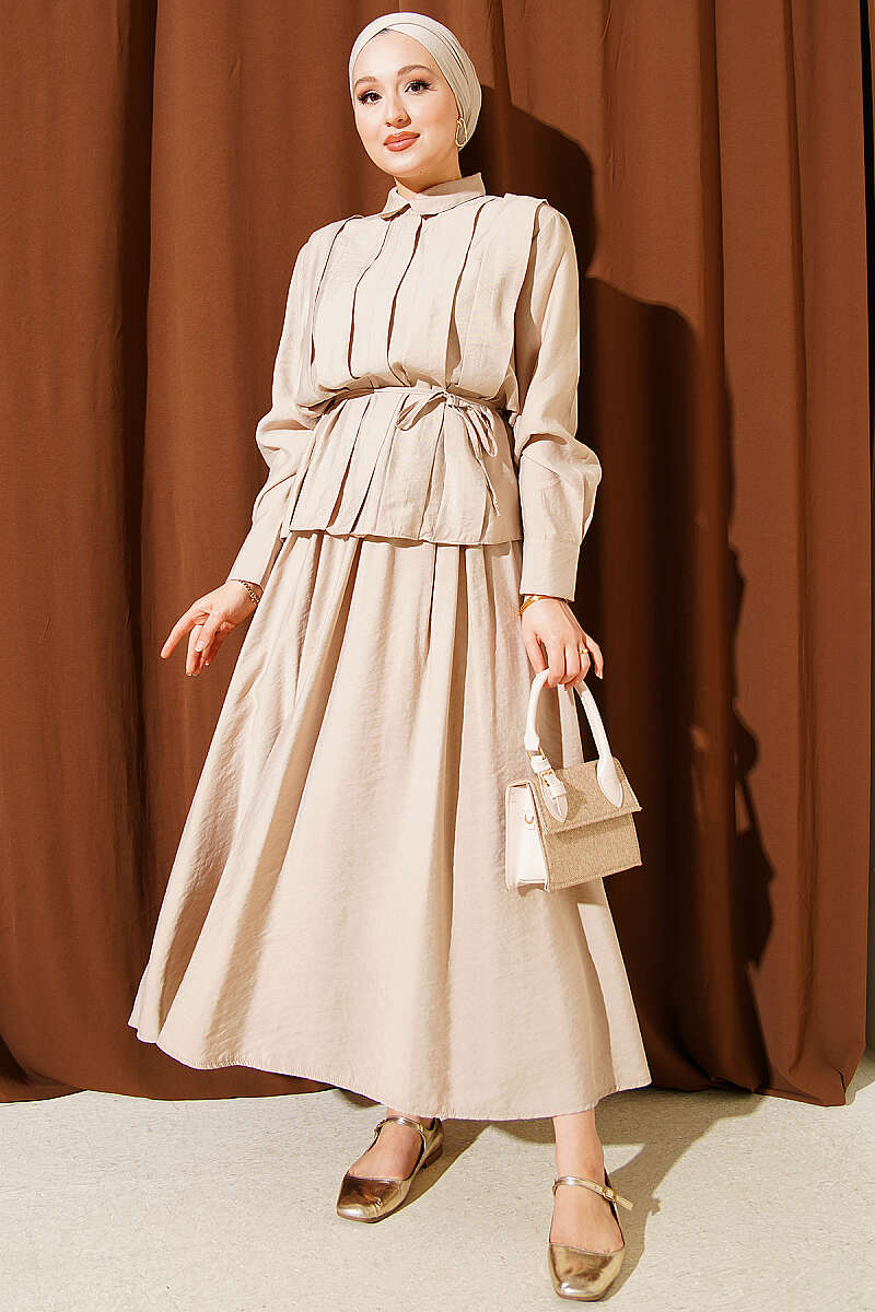 Modal Skirt Set with Wide Front Pleat - Beige