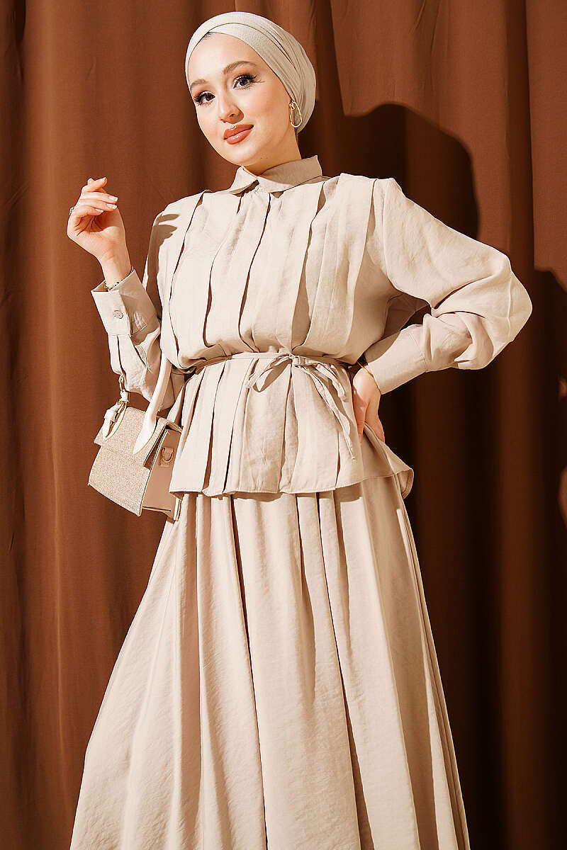 Modal Skirt Set with Wide Front Pleat - Beige