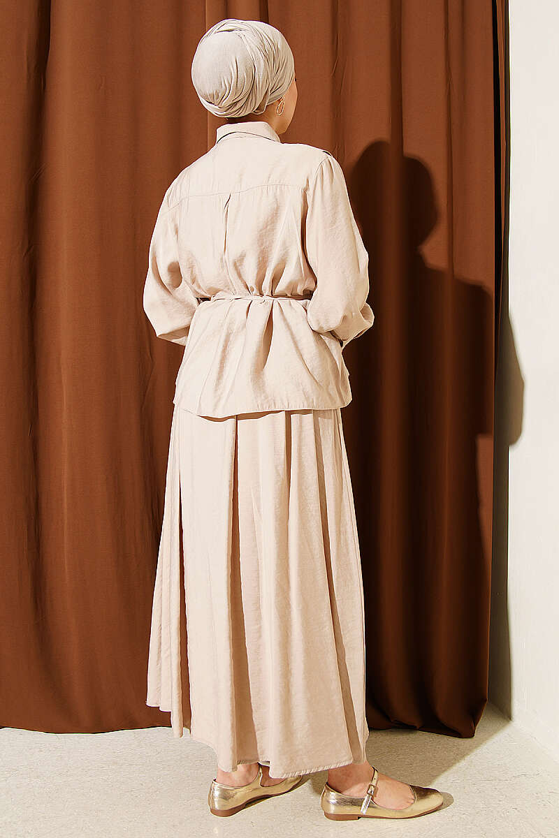 Modal Skirt Set with Wide Front Pleat - Beige