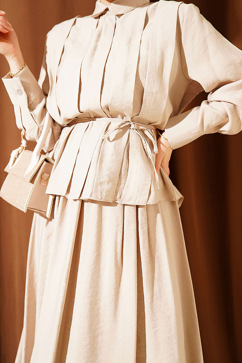 Modal Skirt Set with Wide Front Pleat - Beige
