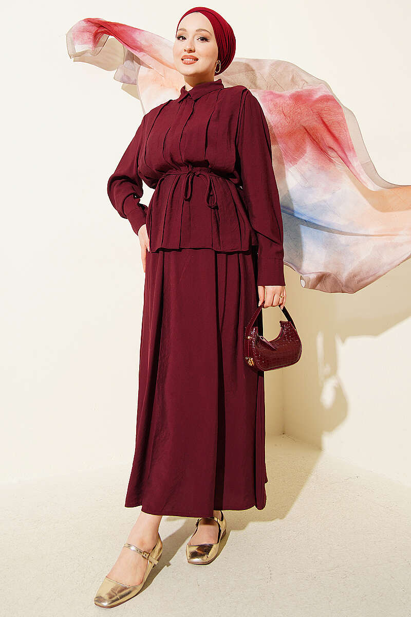 Modal Skirt Set with Wide Front Pleat - Burgundy