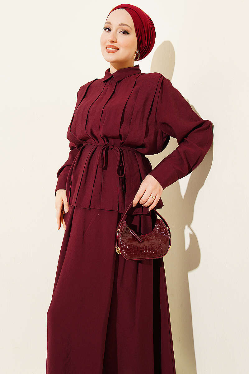 Modal Skirt Set with Wide Front Pleat - Burgundy
