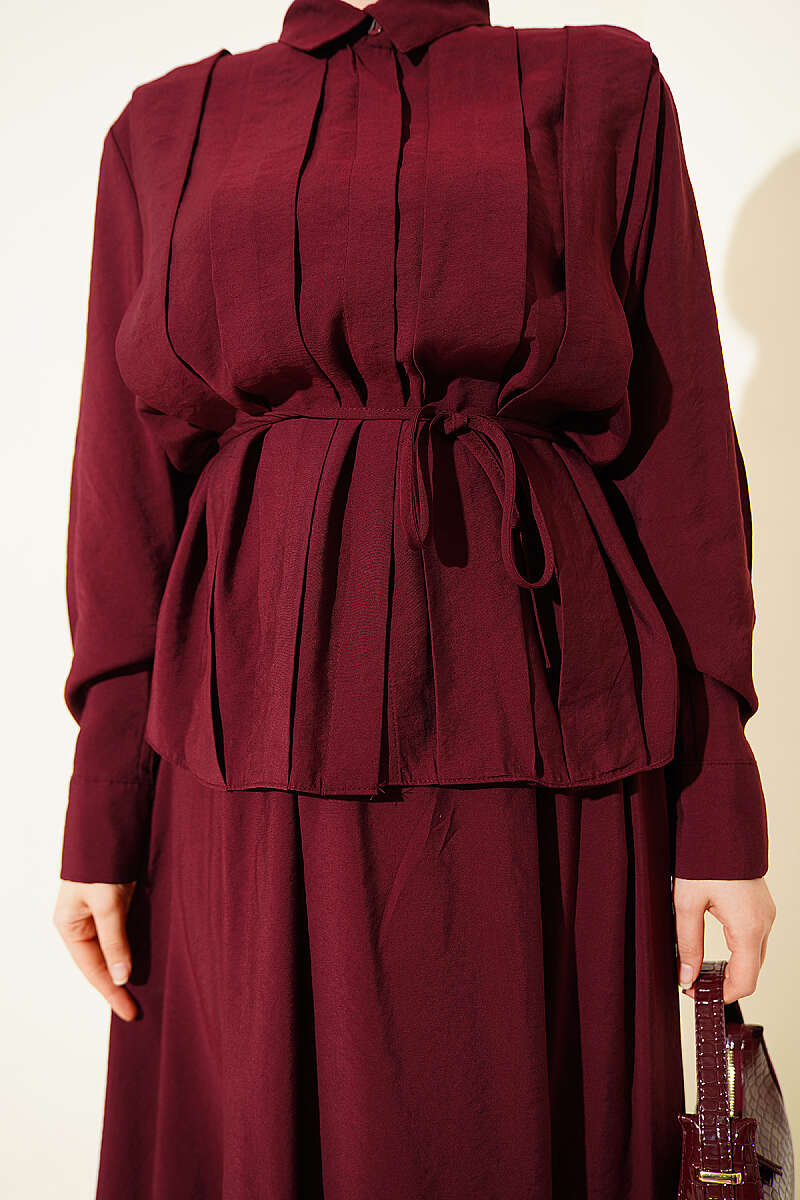 Modal Skirt Set with Wide Front Pleat - Burgundy