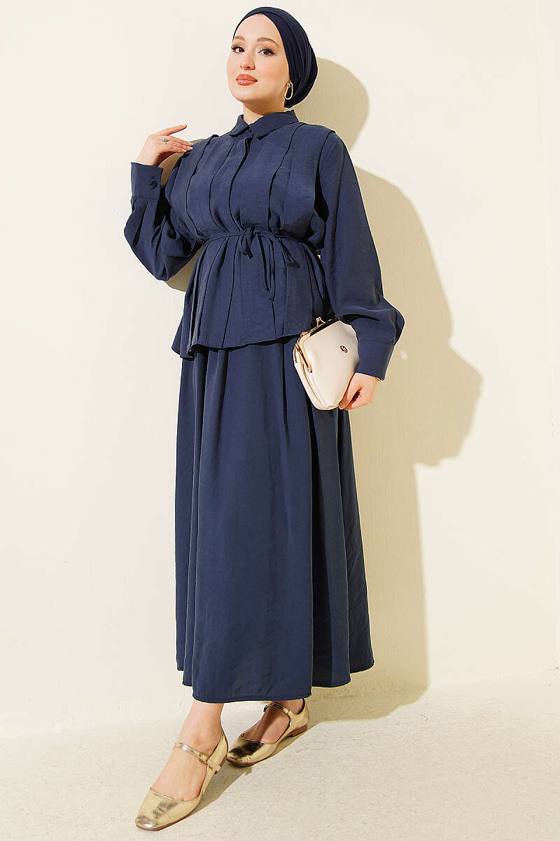 Modal Skirt Set with Wide Front Pleat - Navy