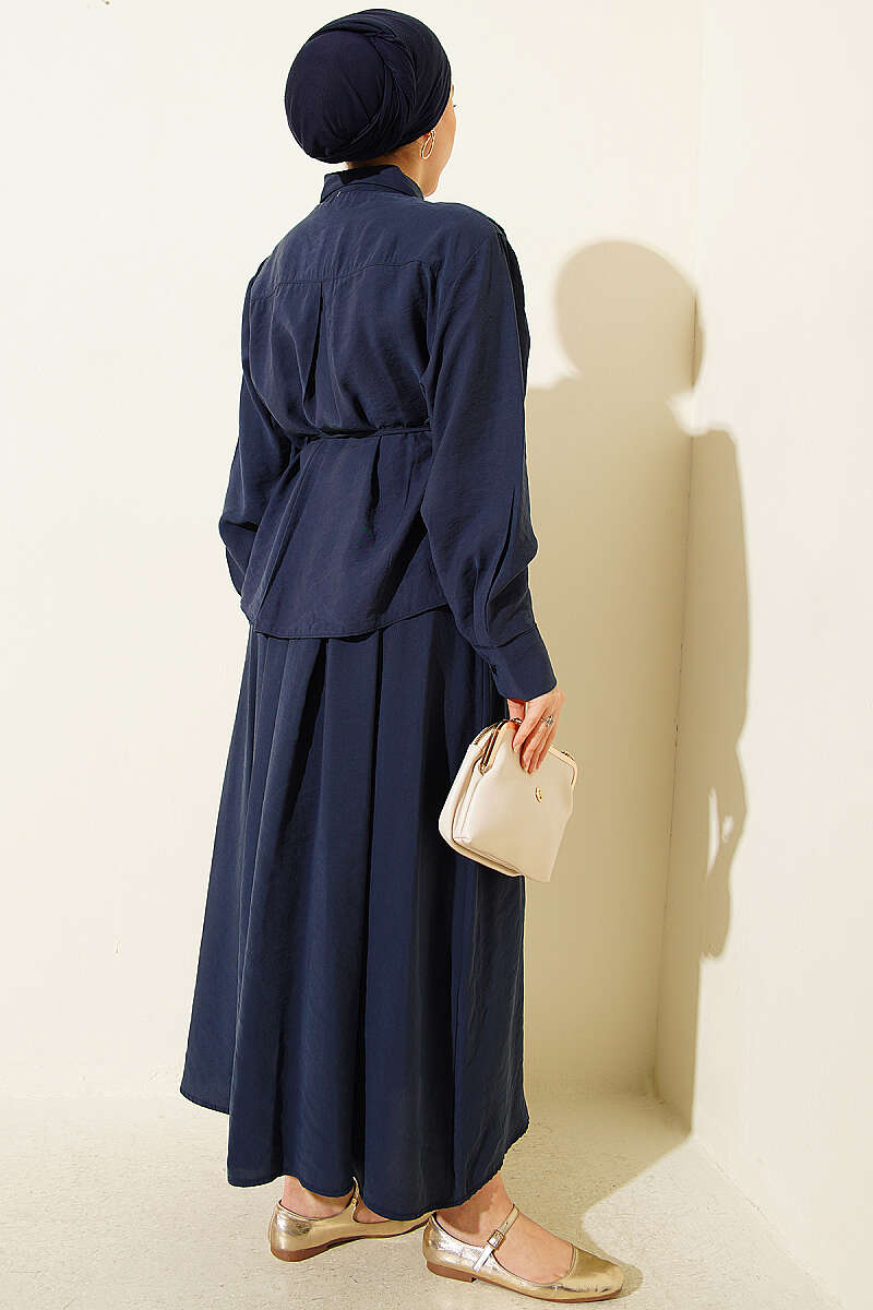 Modal Skirt Set with Wide Front Pleat - Navy