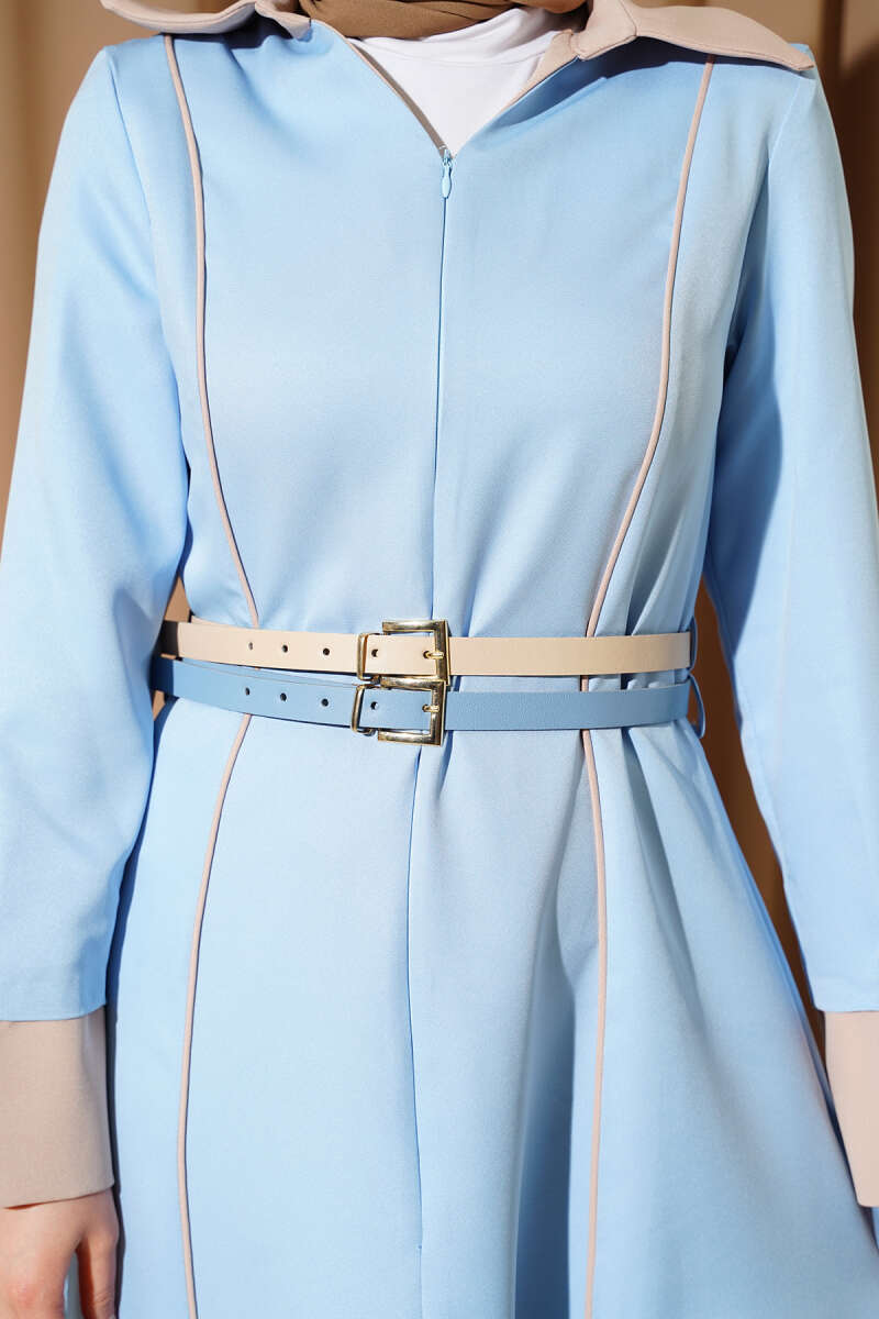 Single-Belt Dress with Concealed Front Zip - Light Blue