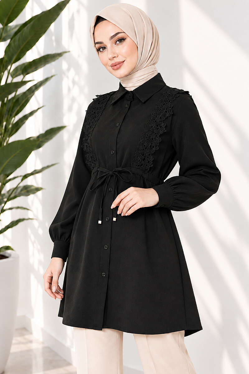 Guipure-Front Shirt with Tie Detail - Black