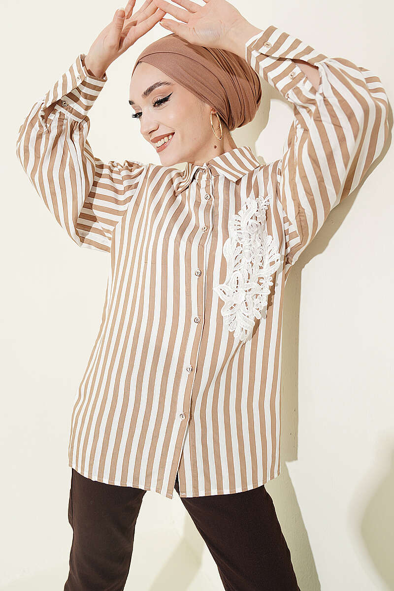 Striped Shirt with Guipure Front - Latte