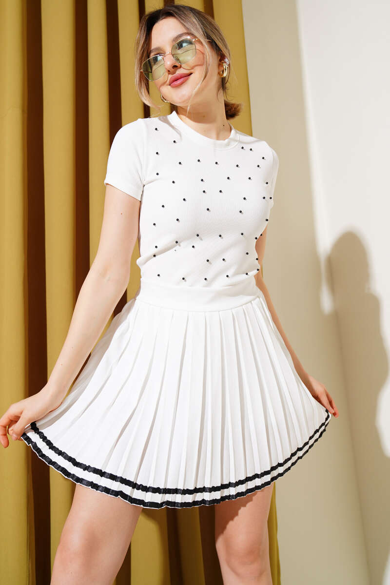 Ribbed Crop Top with Pearl Front - Ecru