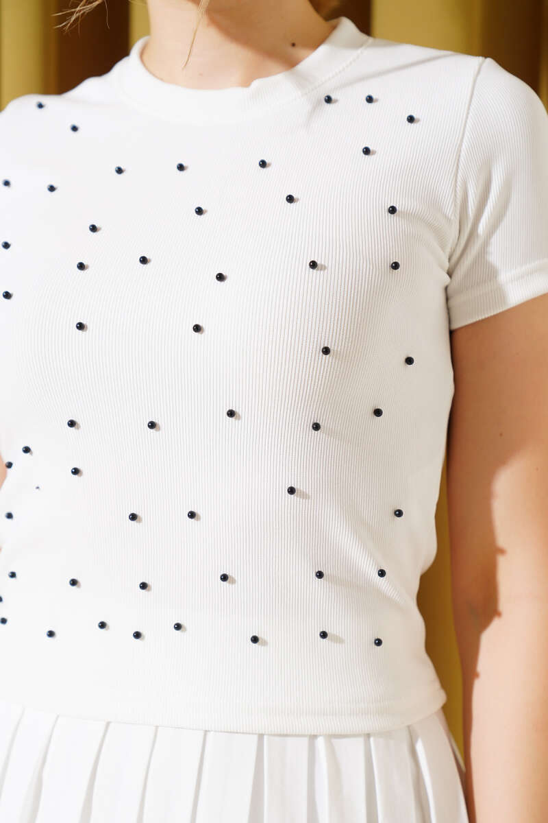 Ribbed Crop Top with Pearl Front - Ecru