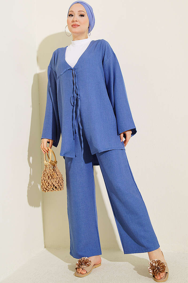 Kimono Two-Piece Set with Front Tie - Indigo