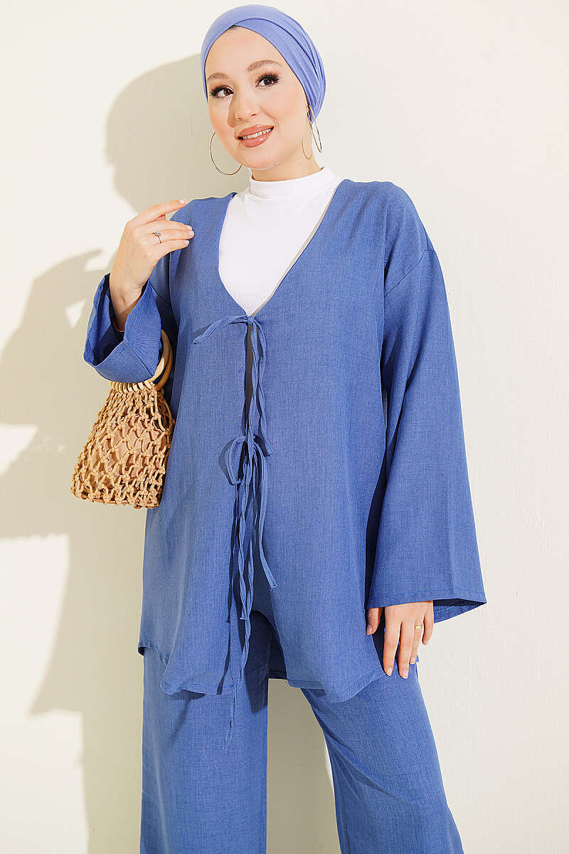 Kimono Two-Piece Set with Front Tie - Indigo