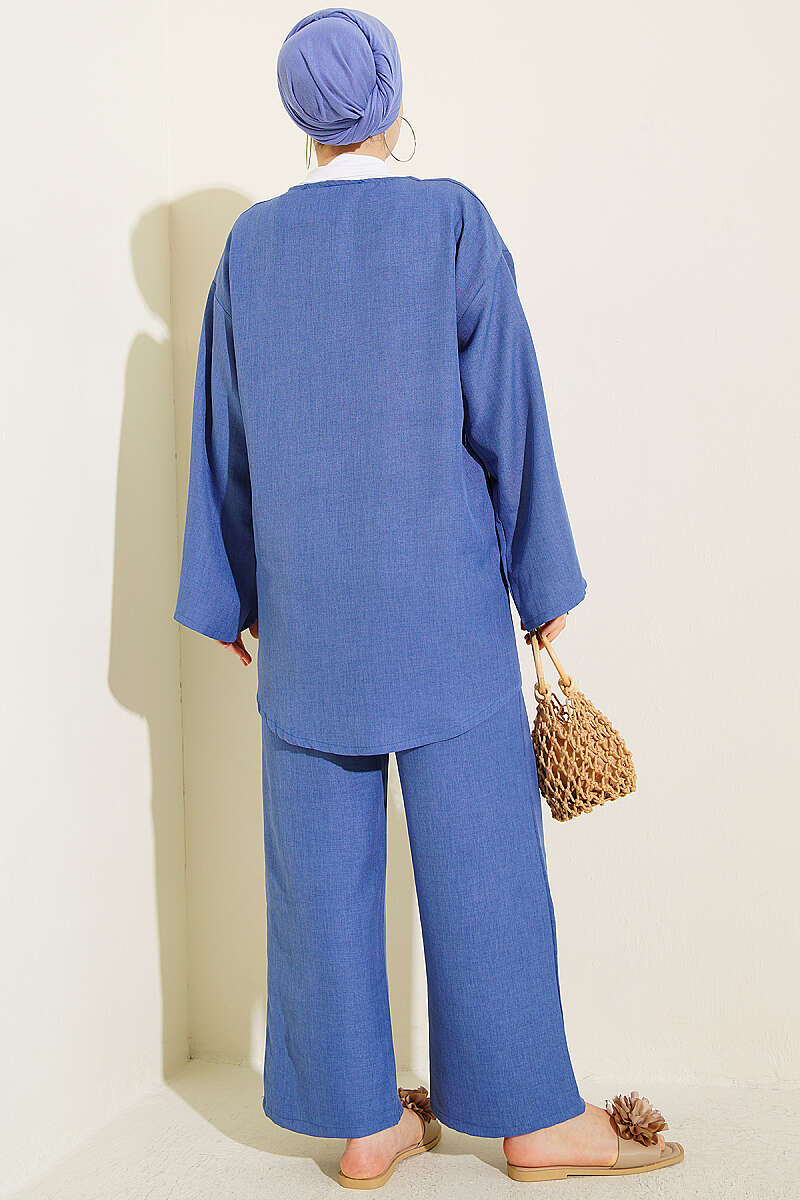 Kimono Two-Piece Set with Front Tie - Indigo