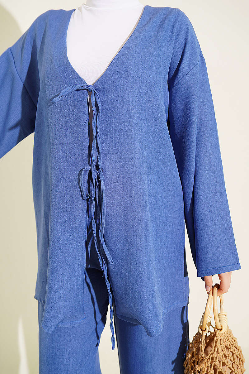 Kimono Two-Piece Set with Front Tie - Indigo