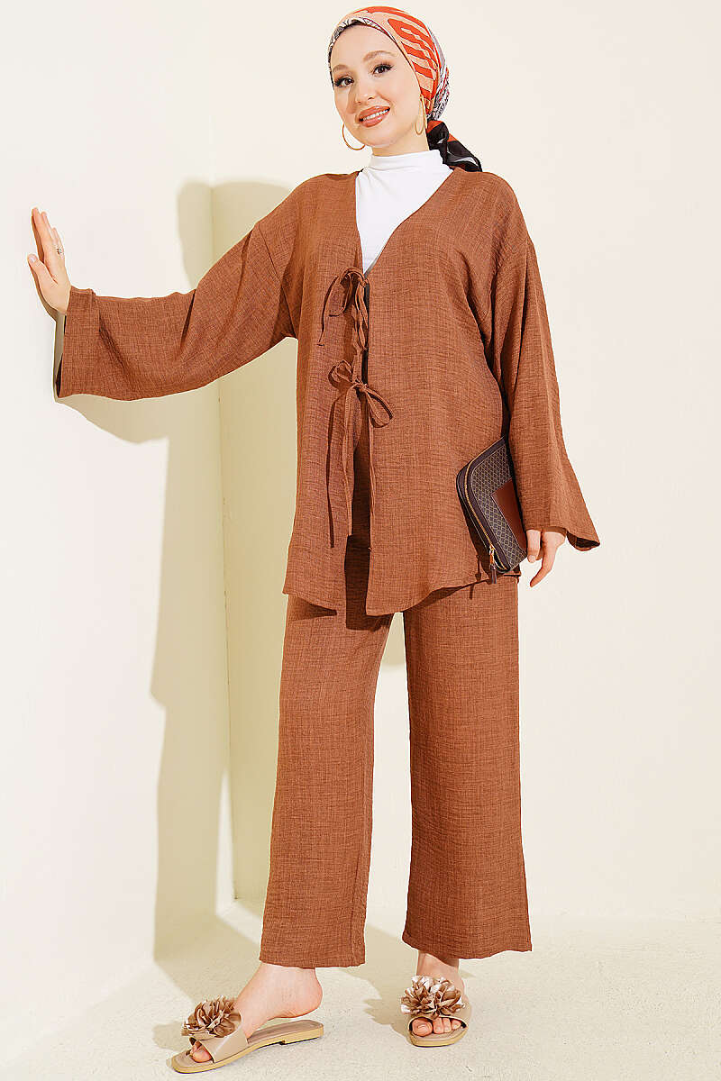 Kimono Two-Piece Set with Front Tie - Brown