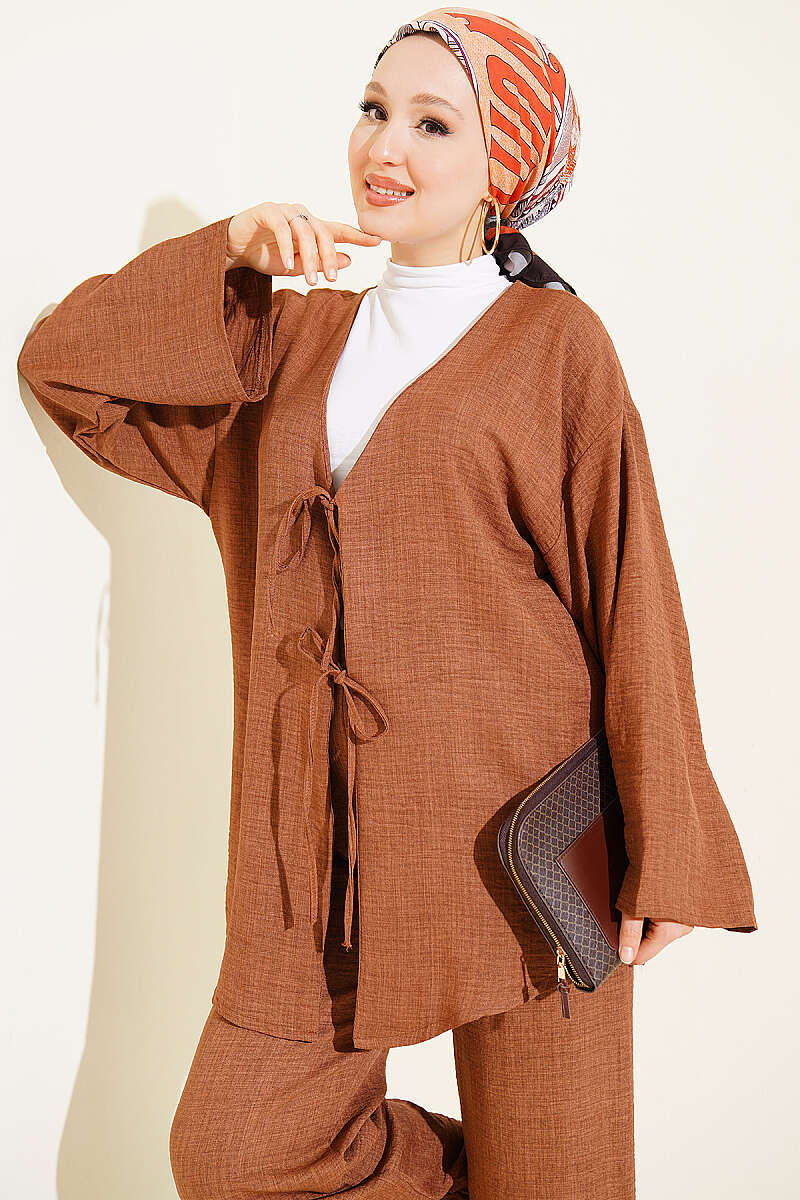 Kimono Two-Piece Set with Front Tie - Brown