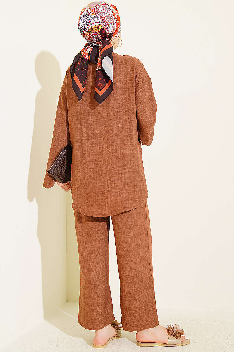 Kimono Two-Piece Set with Front Tie - Brown