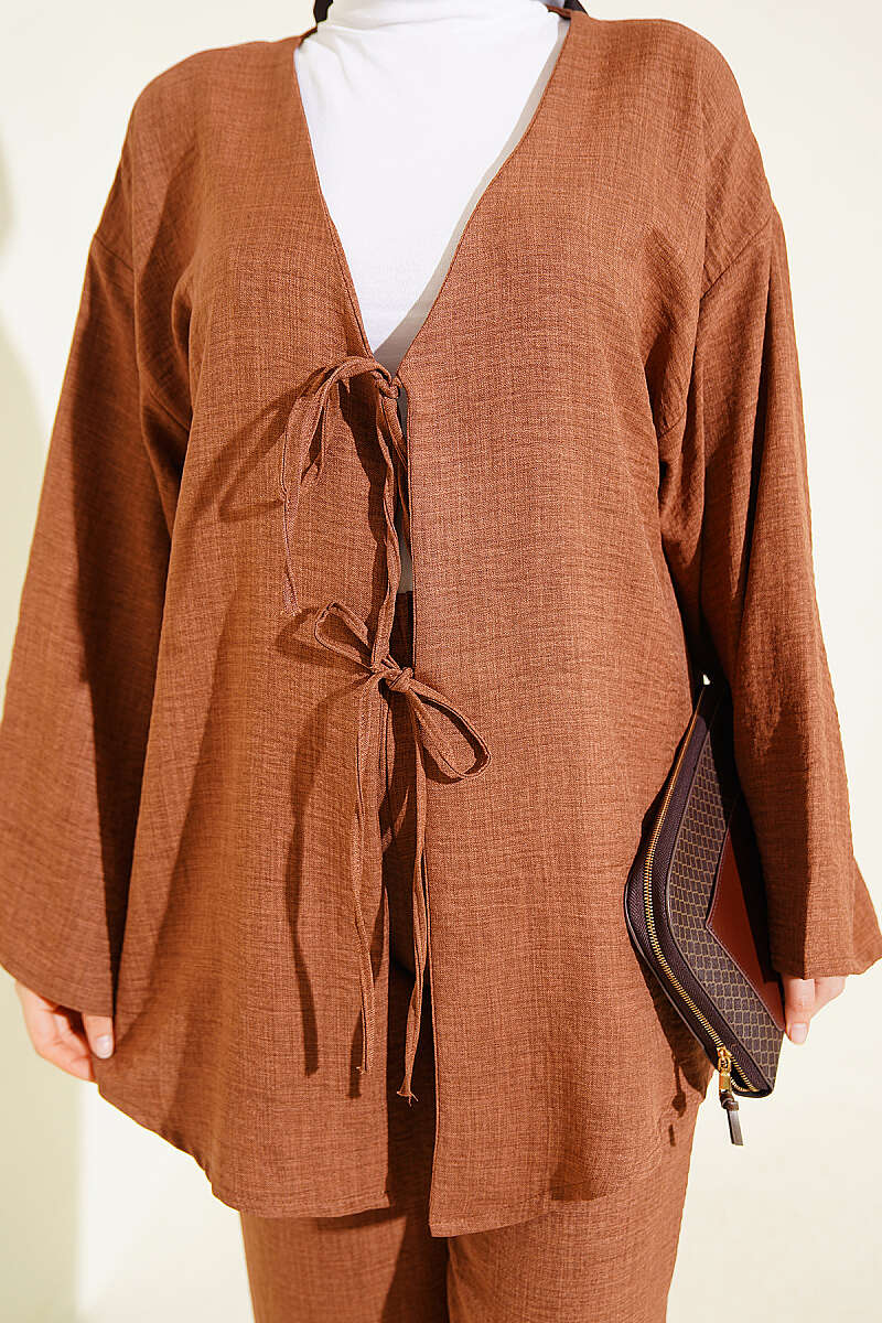 Kimono Two-Piece Set with Front Tie - Brown