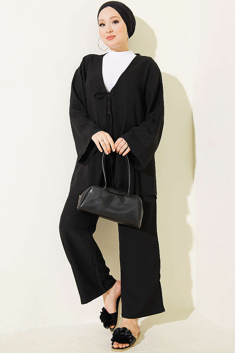 Kimono Two-Piece Set with Front Tie - Black