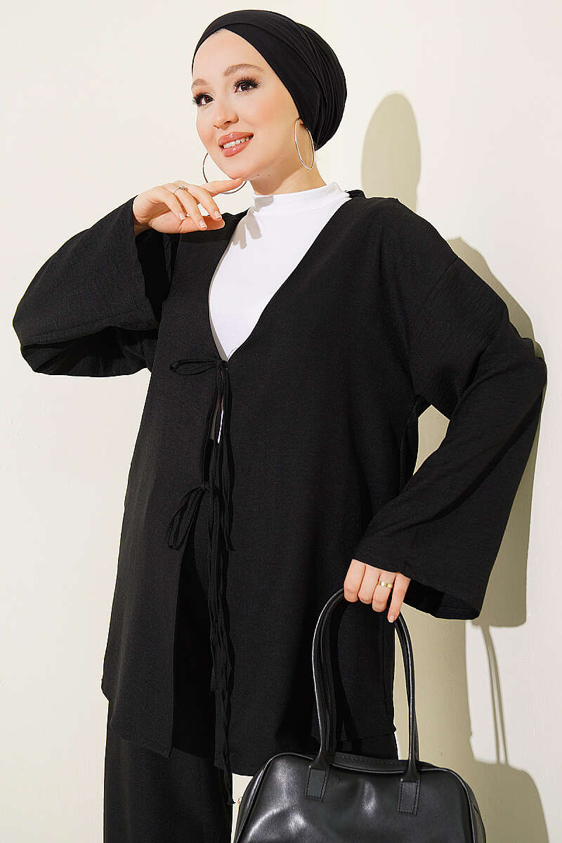 Kimono Two-Piece Set with Front Tie - Black