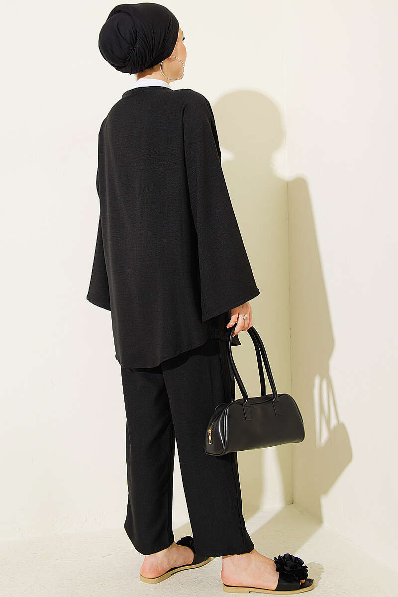 Kimono Two-Piece Set with Front Tie - Black