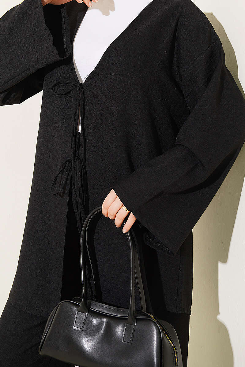 Kimono Two-Piece Set with Front Tie - Black