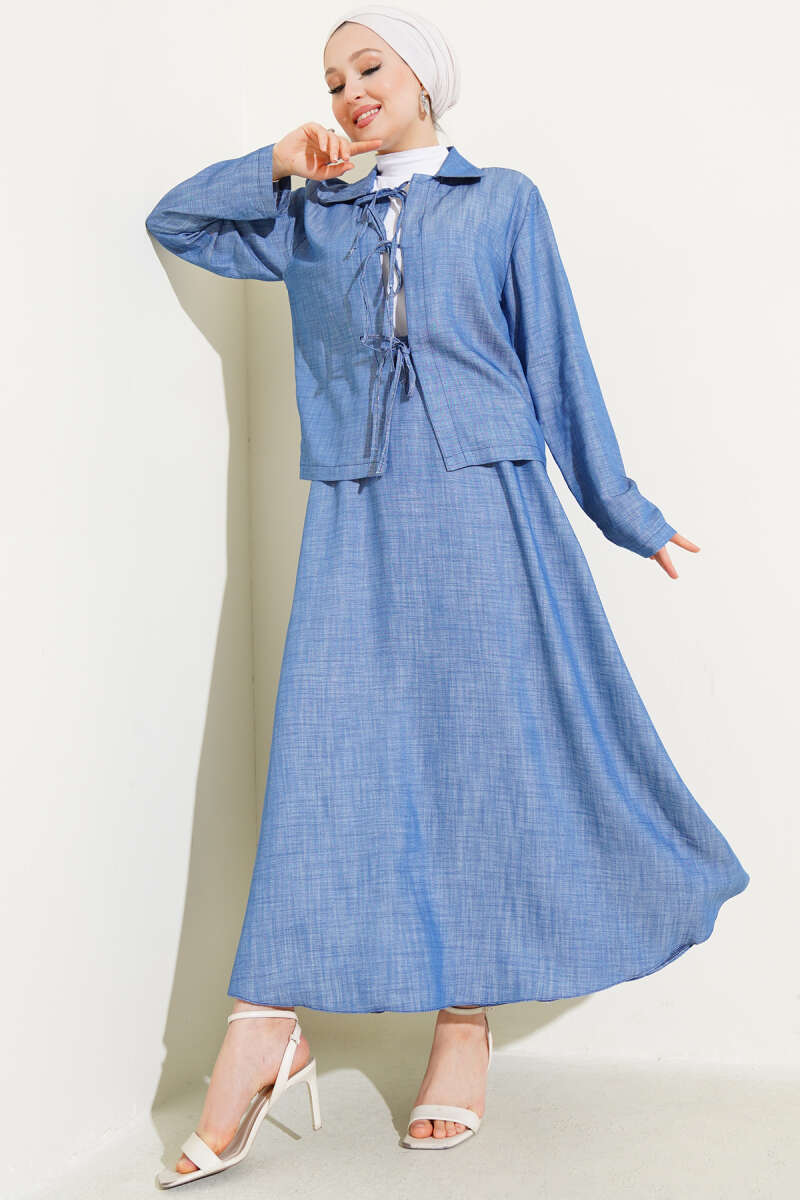 Tencel Skirt Set with Lace-Up Front - Light Blue
