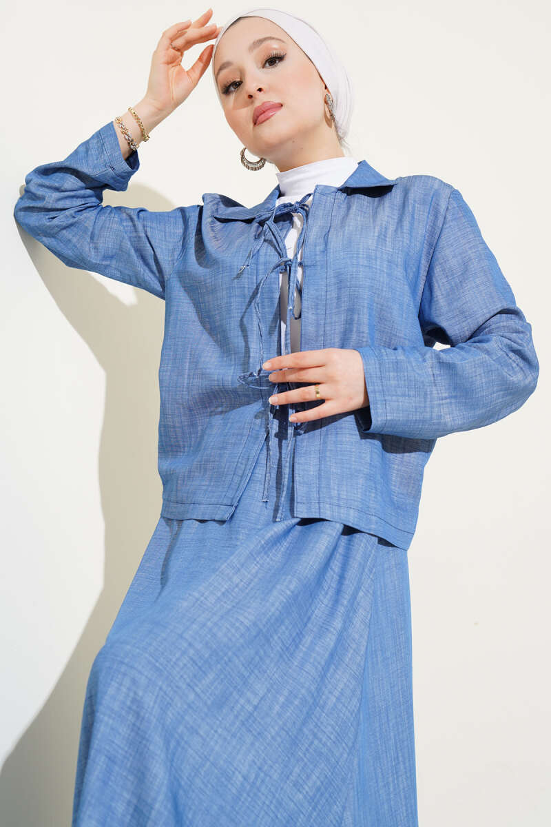 Tencel Skirt Set with Lace-Up Front - Light Blue
