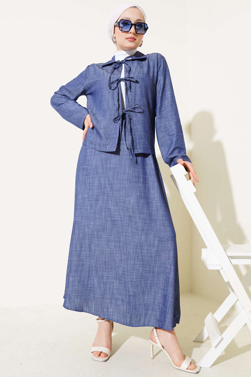 Tencel Skirt Set with Lace-Up Front - Navy