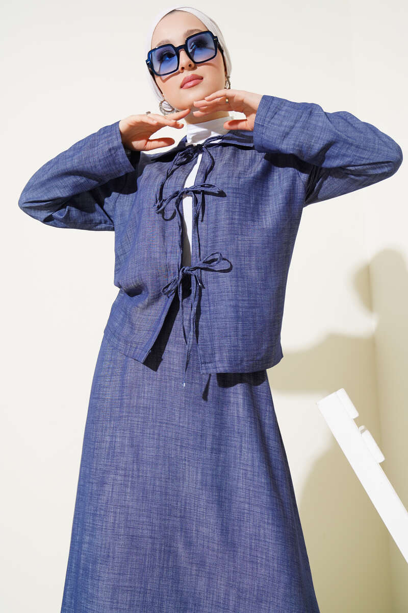 Tencel Skirt Set with Lace-Up Front - Navy