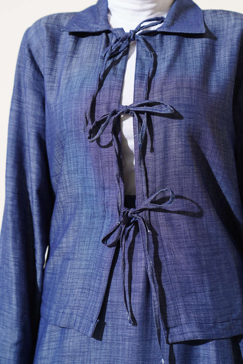 Tencel Skirt Set with Lace-Up Front - Navy