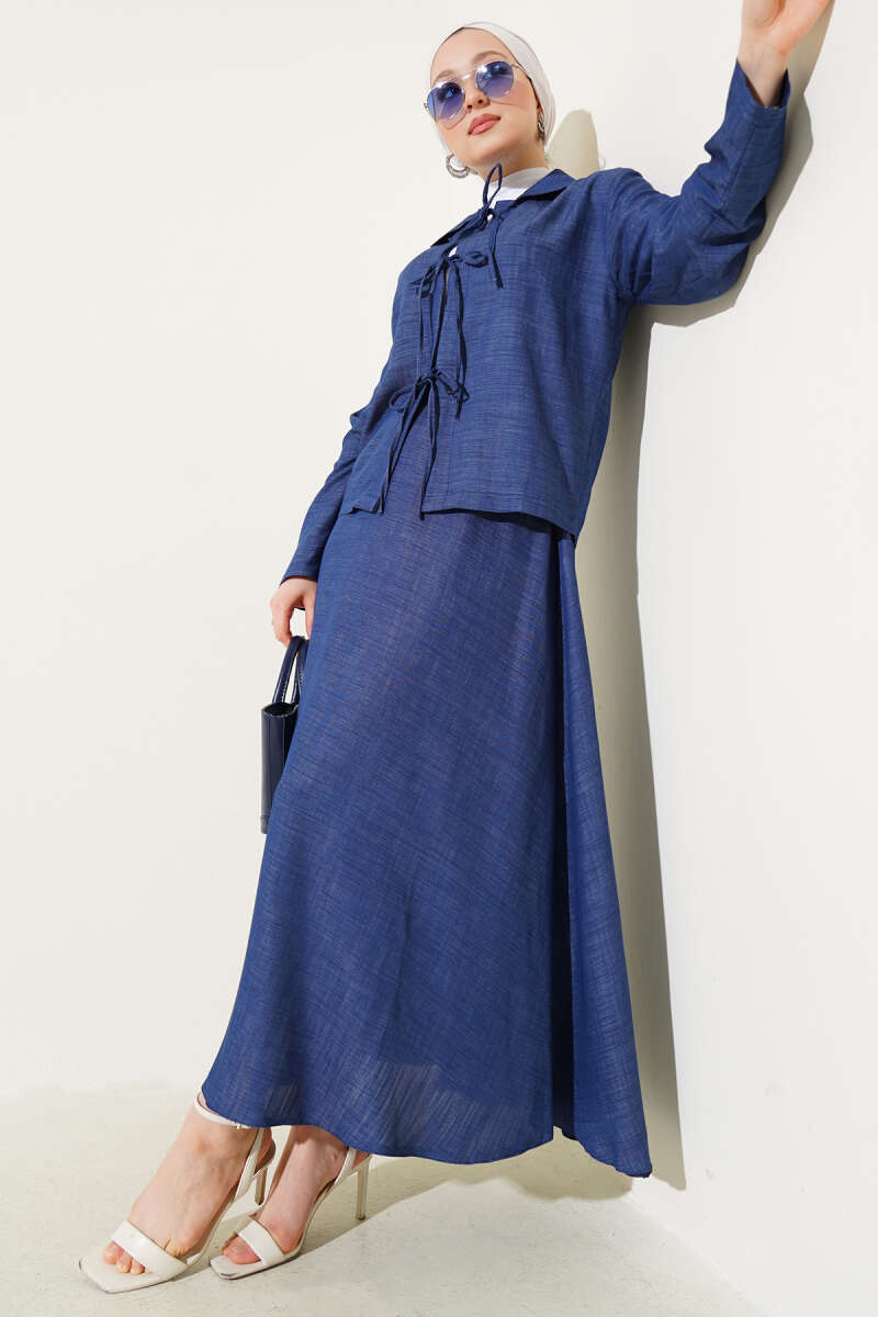 Tencel Skirt Set with Lace-Up Front - Blue