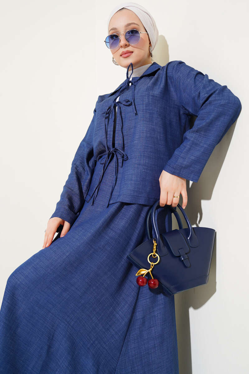 Tencel Skirt Set with Lace-Up Front - Blue
