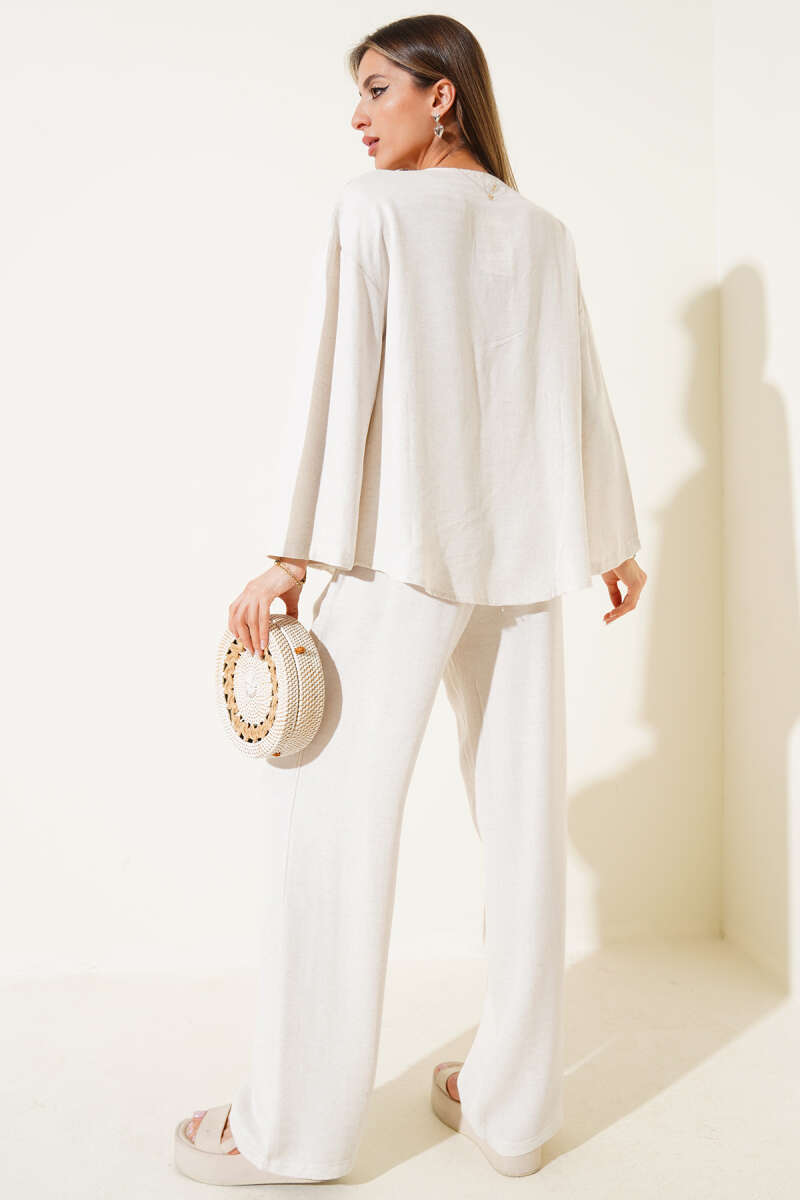 Tie-Front Kimono Set - Beige