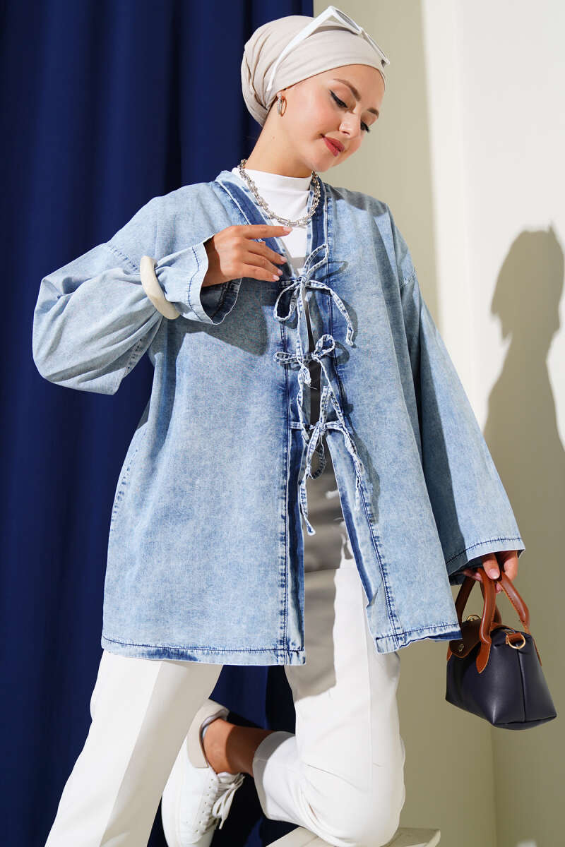 Denim Kimono with Front Tie - Mid Blue