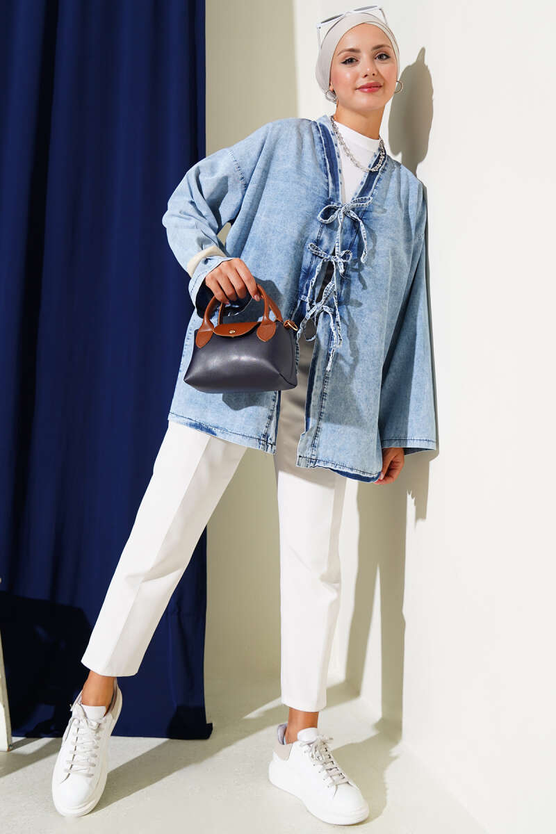 Denim Kimono with Front Tie - Mid Blue