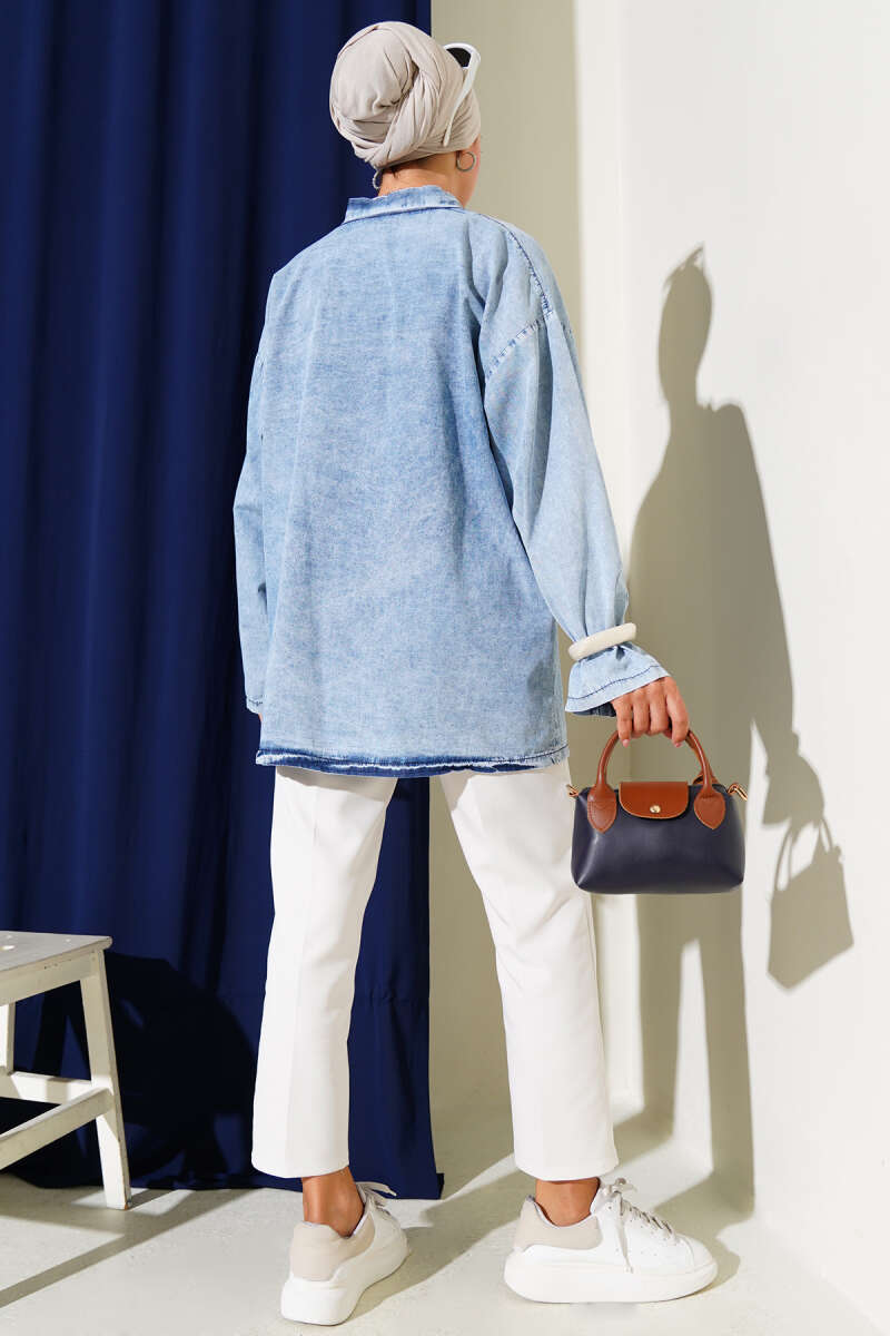 Denim Kimono with Front Tie - Mid Blue