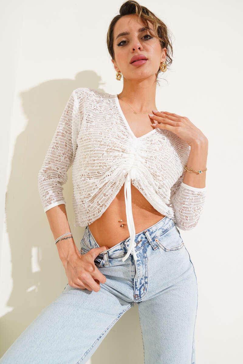 Lace Crop Top with Drawstring Front - White