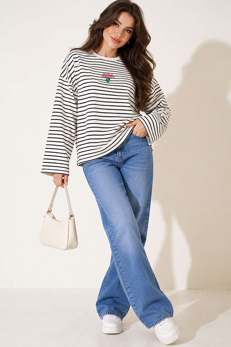 Striped Sweatshirt with Embroidered Front - Black